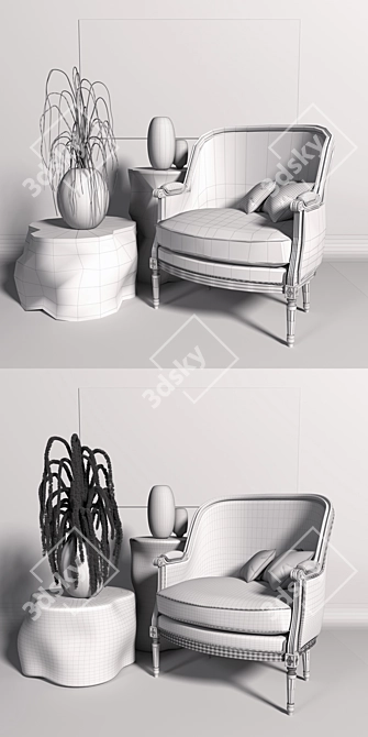 Luxury Roche Bobois Set: Mozart Bergere Chair, Silver Tree Tables, Amiral Frame Rug 3D model image 3