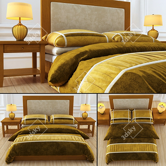 Elegant Gray and Goldie Hotel Bed 3D model image 3