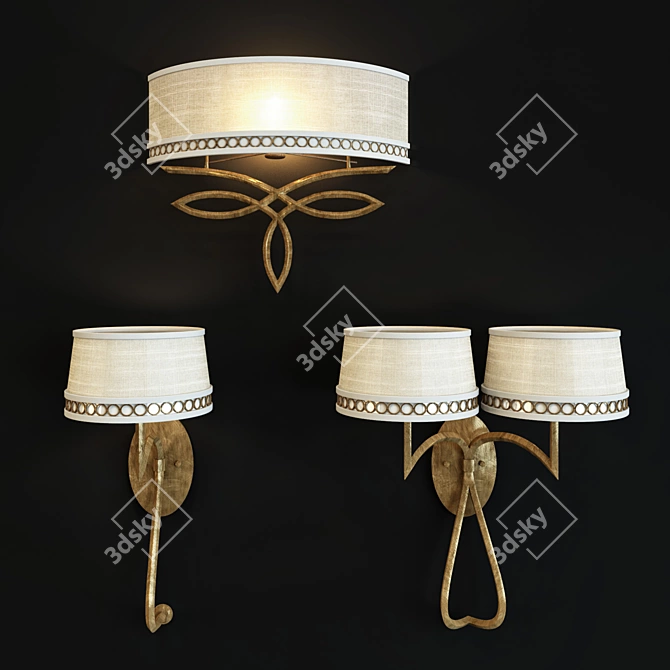 Title: Burnished Gold Leaf Sconce with White Linen Shades 3D model image 1