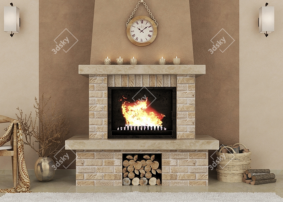 Brick Textured Fireplace 3D model image 3