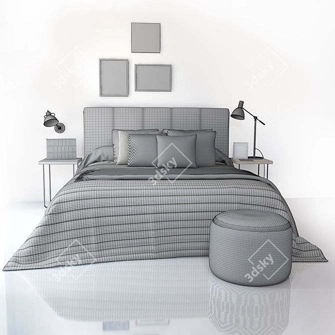 Dark Gray Kenay Kina Bed Set with Etnic Puf & Creu Bedside Table 3D model image 2