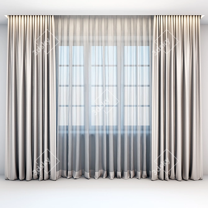 Title: Beige Satin Straight Curtains with Modern Tulle 3D model image 1