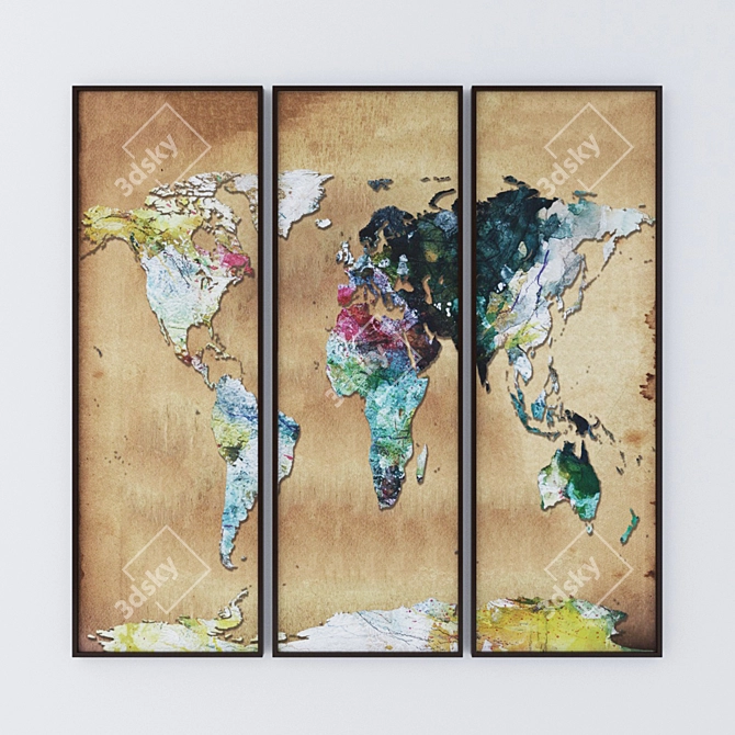 Watercolor Map Trio Wall Decals 3D model image 1
