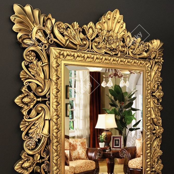 Exquisite Carved Gold Mirror Frame 3D model image 2