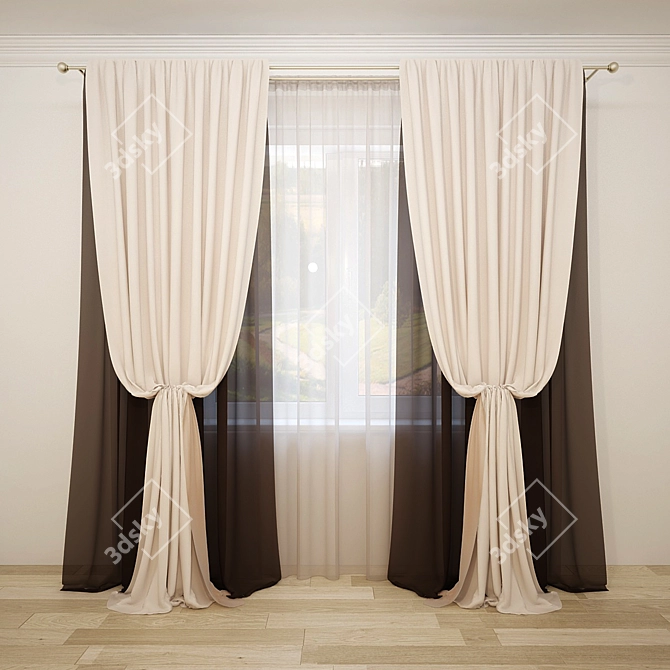 Elegant Curtain Combo: Straight + Central Tieback & Tulle 3D model image 1