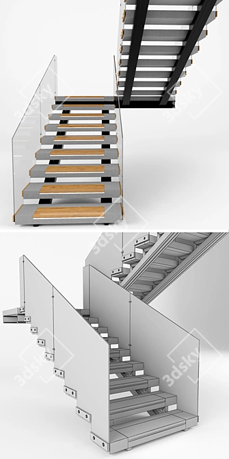 Wooden insert illuminated concrete staircase 3D model image 2