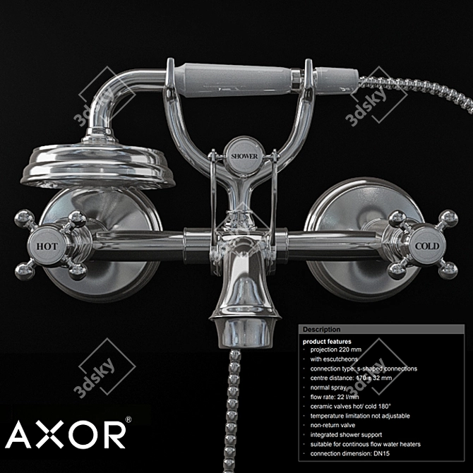 AXOR MONTREUX Exposed Bath Mixer - Classic Elegance 3D model image 2