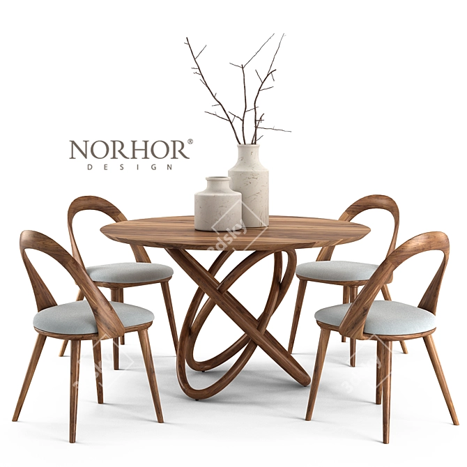 NORHOR Bergen Round Table & Walnut Chair 3D model image 1