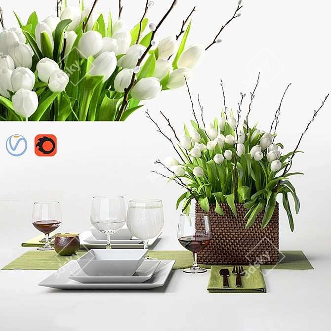 Elegant White Tulips Set 3D model image 1