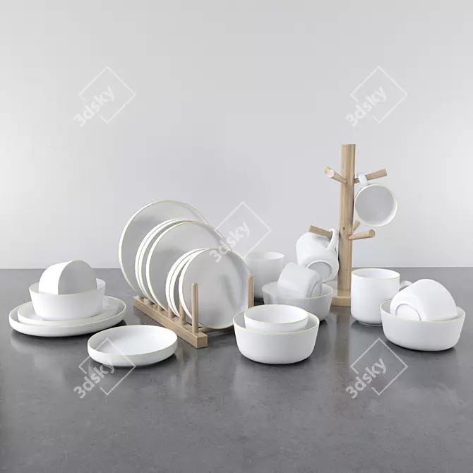 Luxurious White and Gold Dish Set 3D model image 1