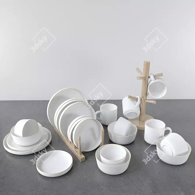 Luxurious White and Gold Dish Set 3D model image 2