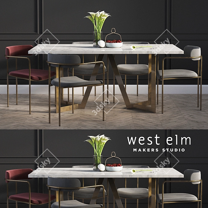 Modern Mid-Century Dining Set 3D model image 1