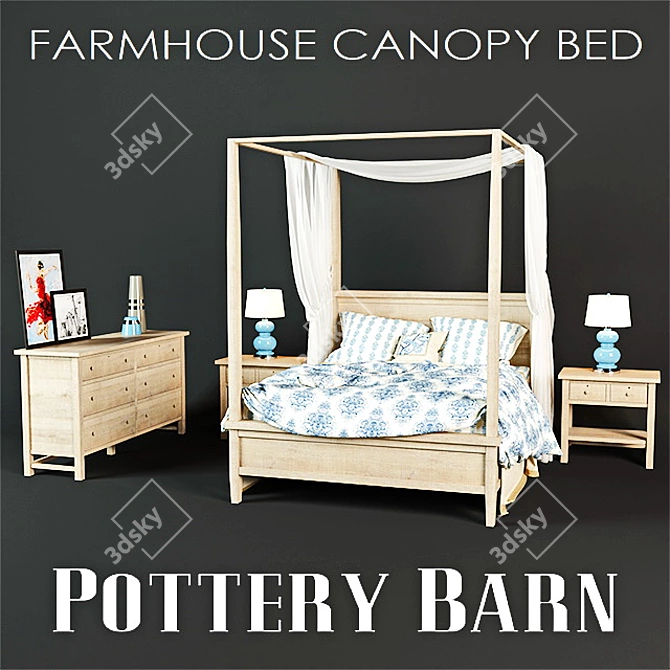 Rustic Canopy Bed Set: Farmhouse Style. 3D model image 1