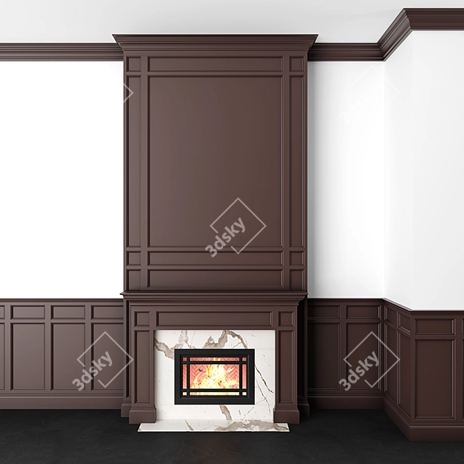 Elegant Marble Fireplace with Brown Wall Panels 3D model image 1