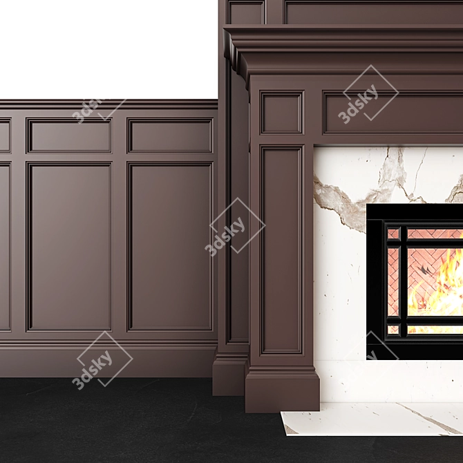 Elegant Marble Fireplace with Brown Wall Panels 3D model image 2