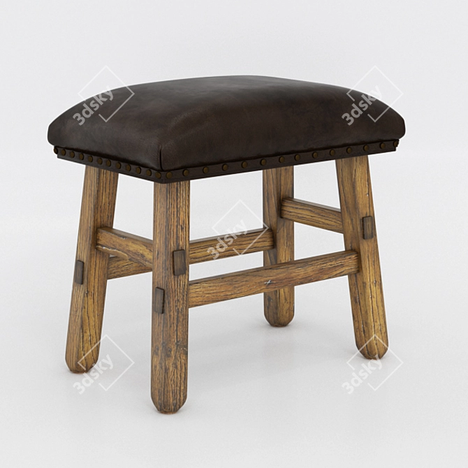 Vintage English Leather Stool | Handcrafted Wood & Genuine Aniline Leather Seat 3D model image 1