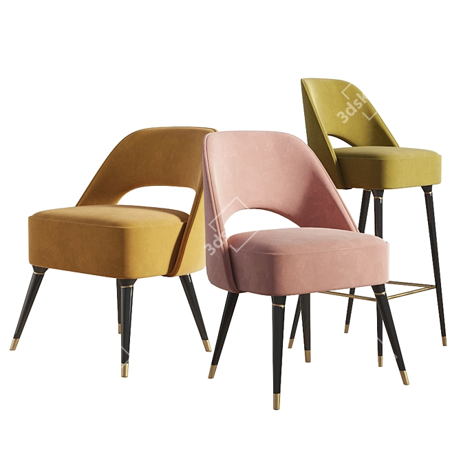 Mid-Century Velvet Chair Set 3D model image 2