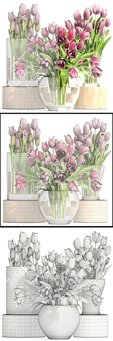 Tulip Trio in Glass Vases 3D model image 3