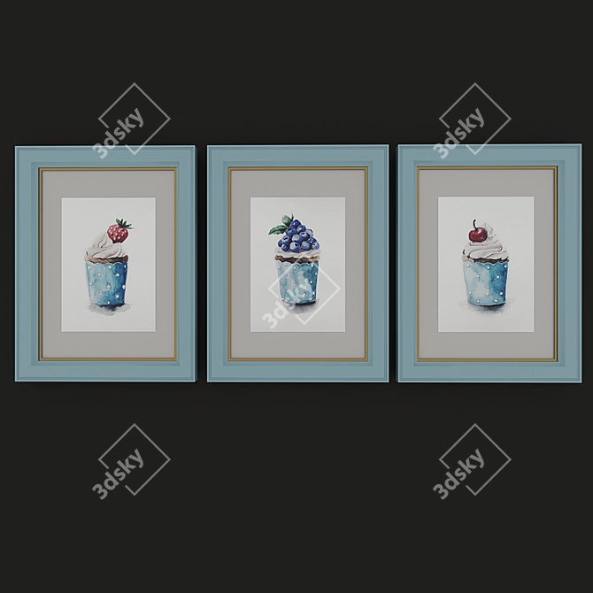 Watercolor Cupcake Trio 3D model image 1