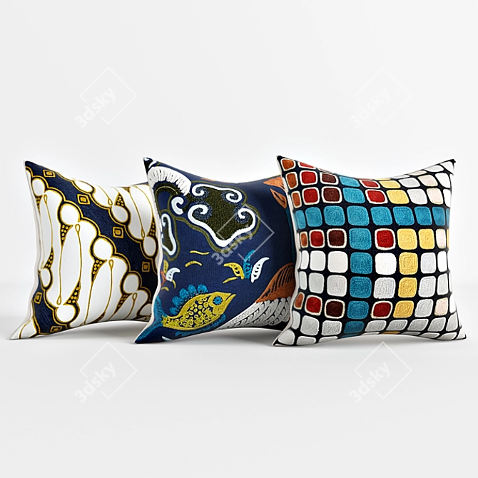 Stylish Pillow Set: Crewel Blocks, Chicken Fish, Bias Stripe 3D model image 1