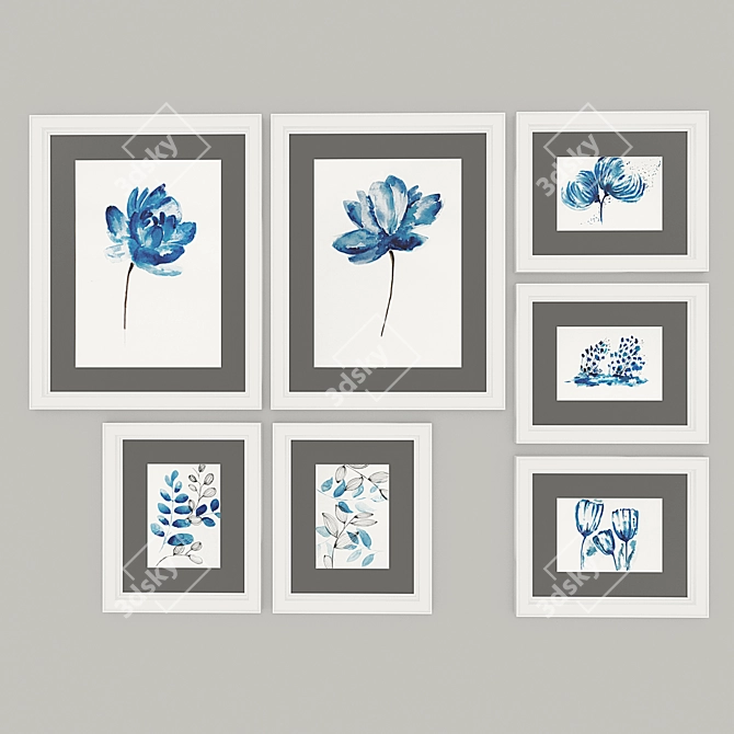 Blue Watercolor Floral Print Set 3D model image 1