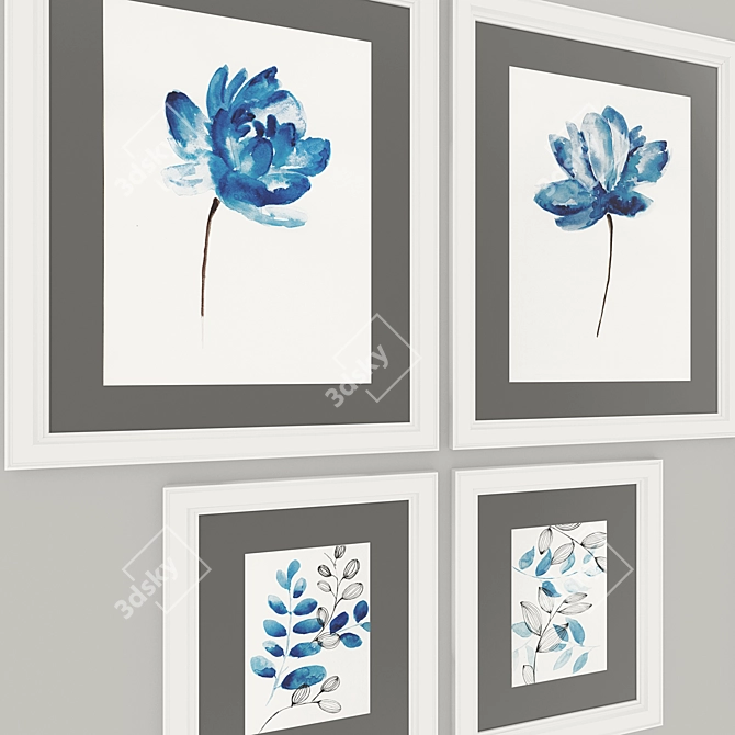 Blue Watercolor Floral Print Set 3D model image 2