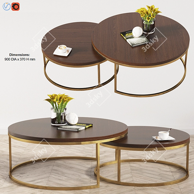 Kanta Nested Cocktail Tables - Modern Wood and Brass Coffee Table Set 3D model image 1