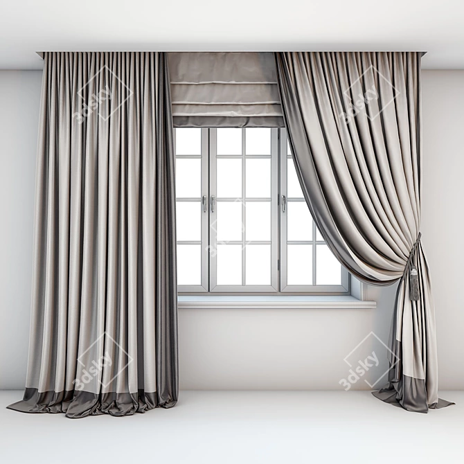 Dual-tone Roman Curtains with Pickup Brush & Window Layouts 3D model image 1