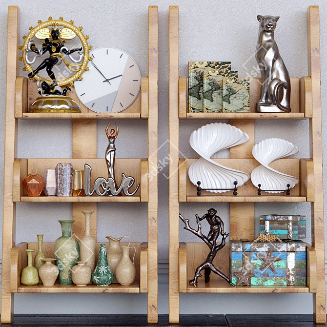 Elegant Decor Rack: Figurine, Books, Vase, Sculpture, Buddha, Clock 3D model image 1