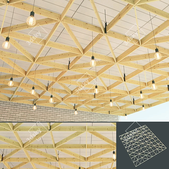 Wooden Suspended Ceiling with Edison Pendant Lights 3D model image 1