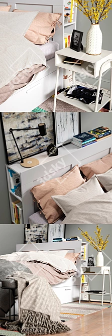 IKEA BRIMNES Bed Set: Mirror, Lamp, Nightstand, Basket & Rug 3D model image 2