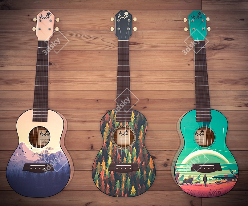 Colorful Decorative Ukulele Trio 3D model image 2