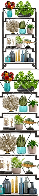 Tropical Decor Set: Shelf with Statuette, Plants, Flowers 3D model image 2