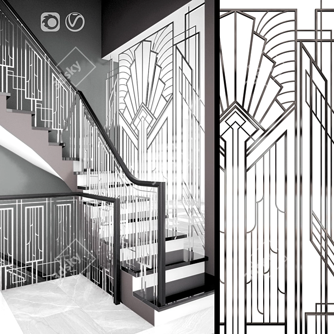 Art-Deco Forged Staircase Guard 3D model image 1