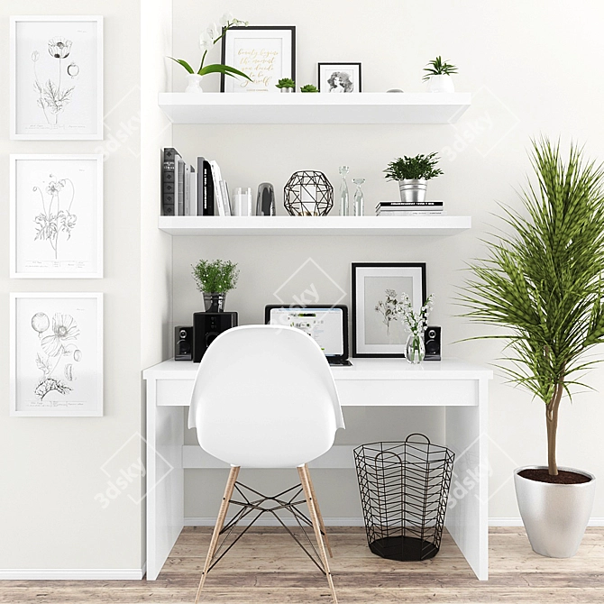 Elegant Decor Set: Table, Chair, Shelves, Laptop, Plants 3D model image 1