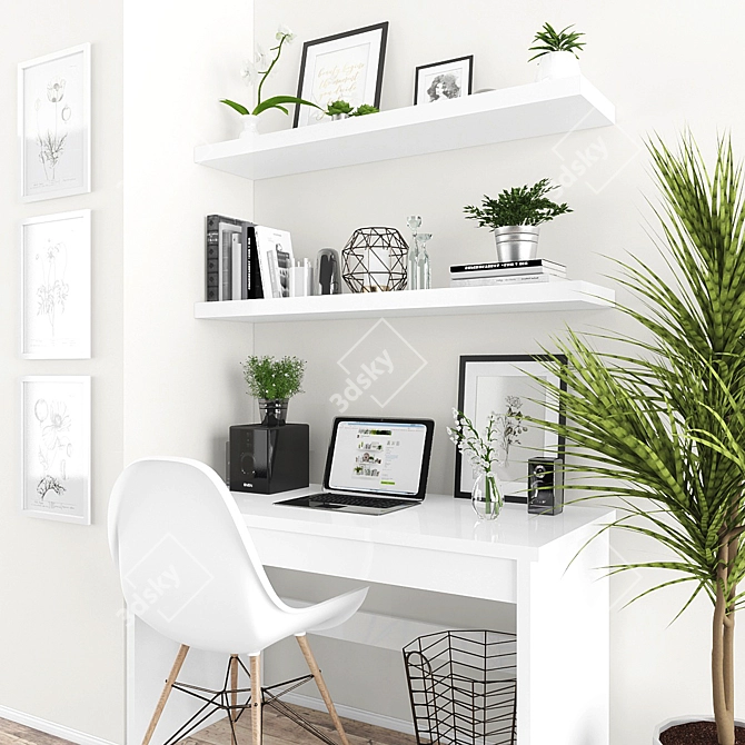Elegant Decor Set: Table, Chair, Shelves, Laptop, Plants 3D model image 2