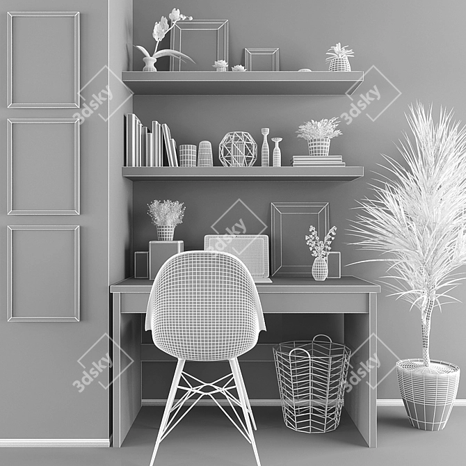 Elegant Decor Set: Table, Chair, Shelves, Laptop, Plants 3D model image 3