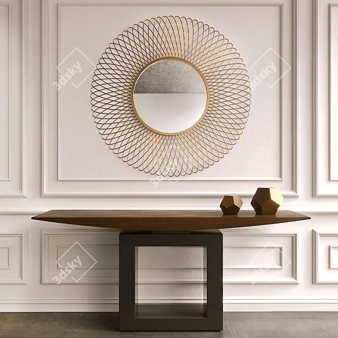 Sleek Walnut Console & Copper Mirror 3D model image 1