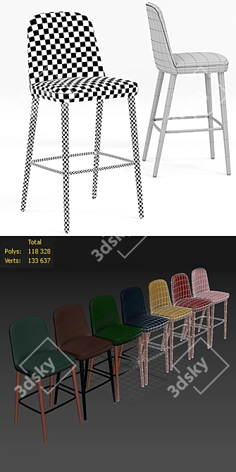 Colorful Bloom Wooden Barstool 3D model image 3