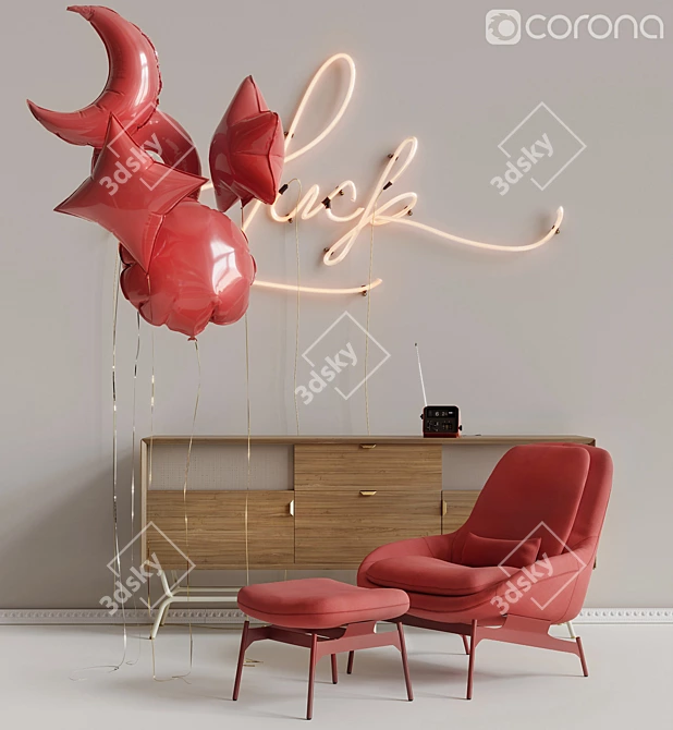 Fortune Collection: Lounge Chair, Credenza, Clock Radio, Art Neon & Balloons 3D model image 1