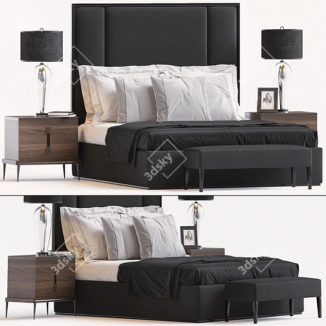 Chopin Headboard Set: Corelli Base, Langham Nightstand, Chester Bench & Petite Concave Lamp 3D model image 1