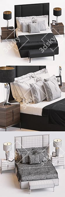 Chopin Headboard Set: Corelli Base, Langham Nightstand, Chester Bench & Petite Concave Lamp 3D model image 2