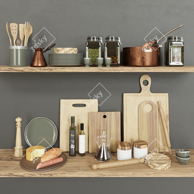 Rustic Wooden Kitchen Set 3D model image 1