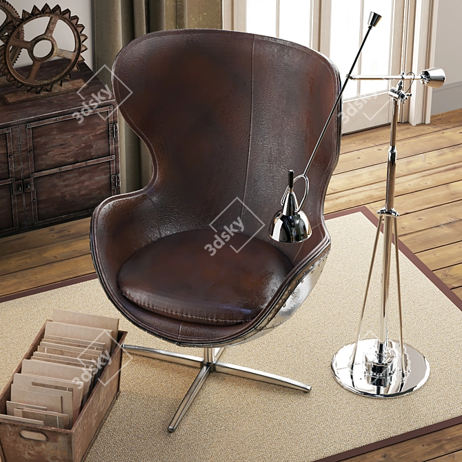 Aviator Aluminum Egg Chair: Vintage Leather Pod with 360° Swivel 3D model image 2