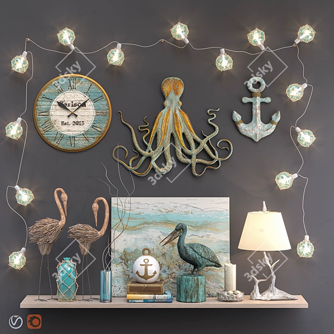 Coastal Decor Set: Shelves, Statuettes, Clock, Lantern & More 3D model image 1