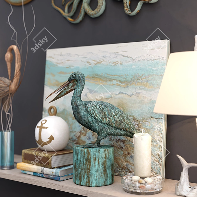 Coastal Decor Set: Shelves, Statuettes, Clock, Lantern & More 3D model image 2