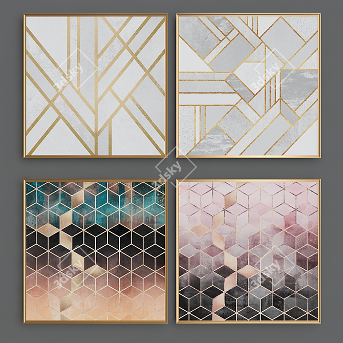 Gold & Navy Pattern Art Print 3D model image 1