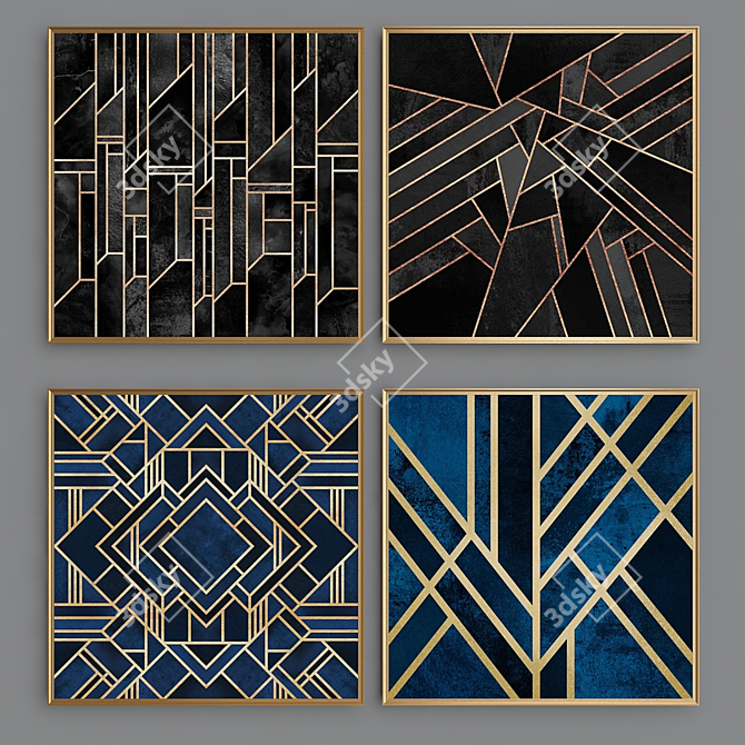 Gold & Navy Pattern Art Print 3D model image 2