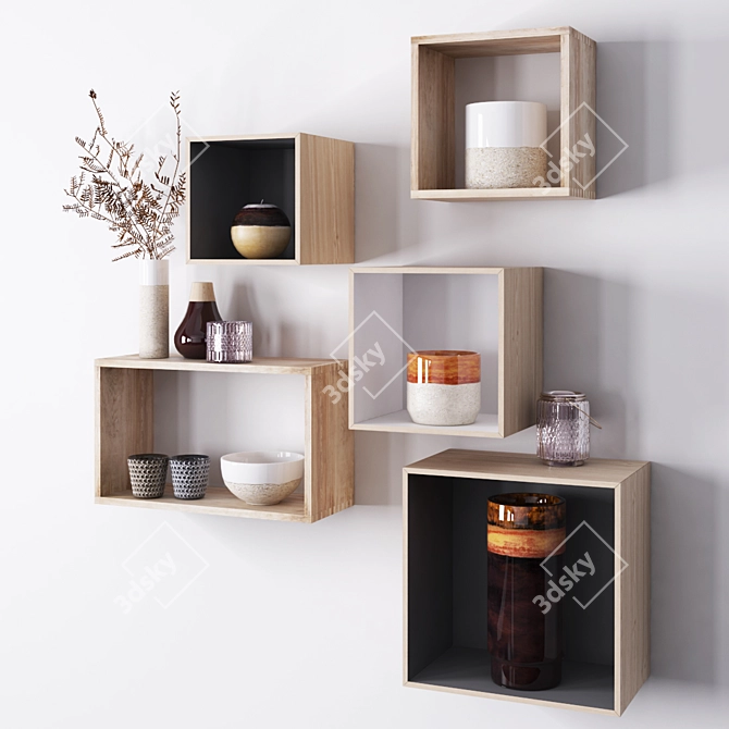 Wooden Decorative Shelves with Objects 3D model image 1