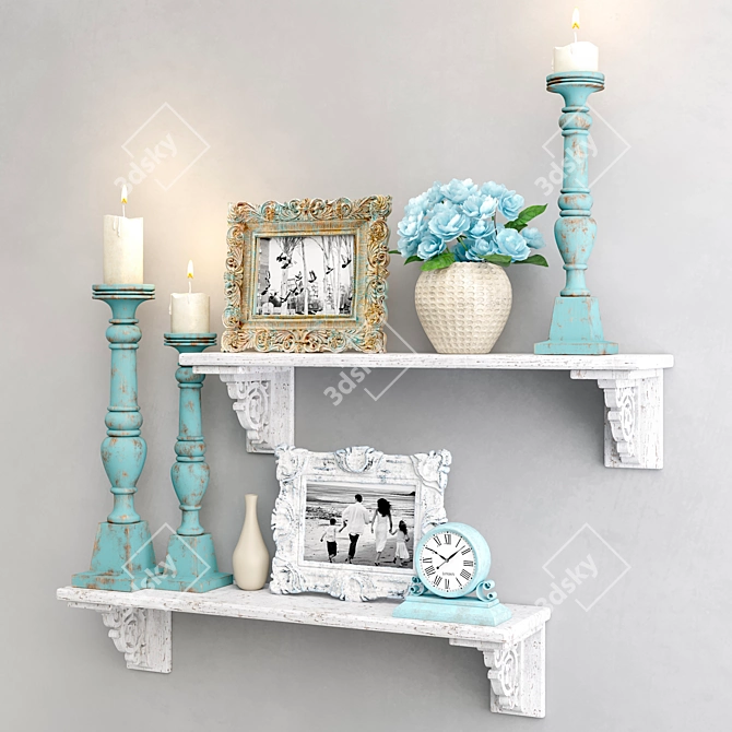 Turquoise Decorative Set: Shelves, Art, Candle Holders & More 3D model image 2